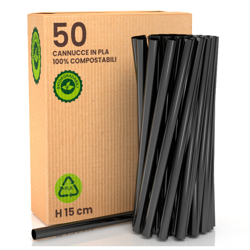 50 Cannucce Nere in PLA 15cmx8mm Biodegradabili Lisce e Resistenti