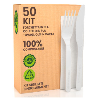 50 Set di Posate Ecologico Forchetta Coltello Tovagliolo PLA