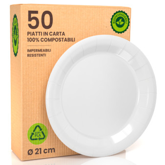50 Piatti Bianchi in Bioplastica Monouso Diametro 21cm