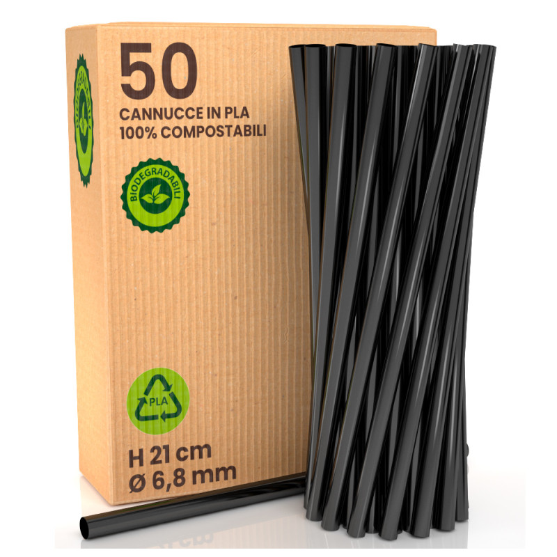 50 Cannucce Nere in PLA 21cmx6,8mm Biodegradabili Lisce e Resistenti