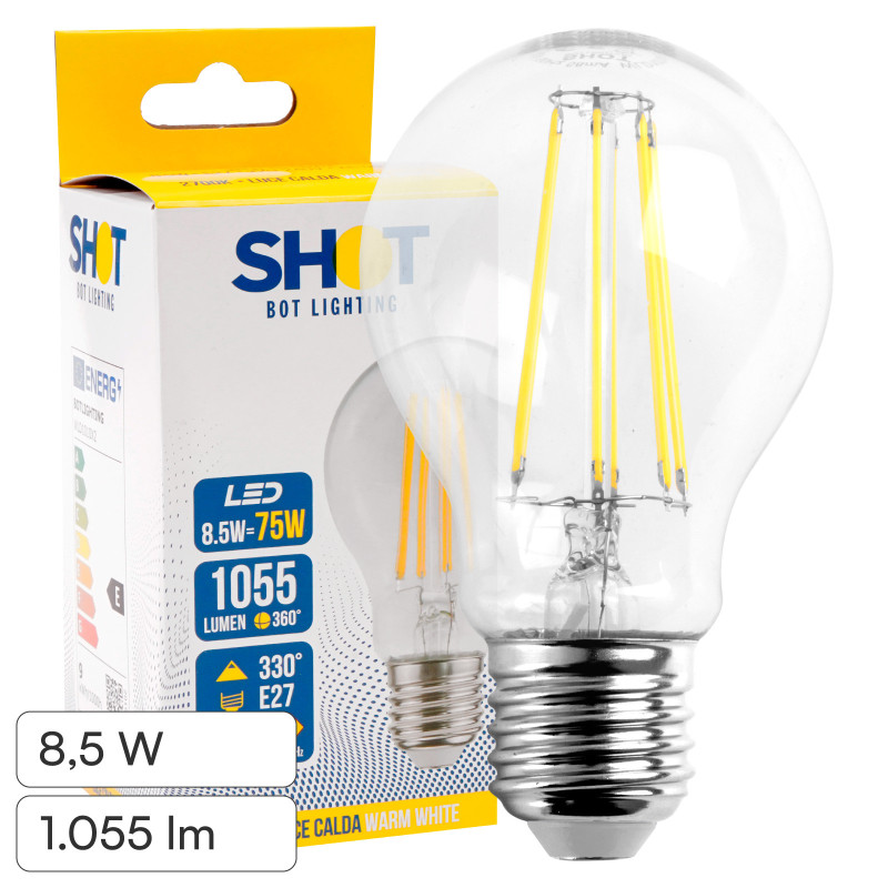 Lampadina LED E27 8,5W Bulb A60 Filamento Bot Lighting Shot