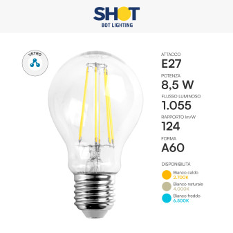Lampadina LED E27 8,5W Bulb A60 Filamento Bot Lighting Shot