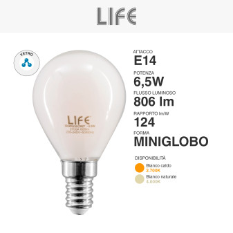 Life Lampadina LED E14 6,5W Minisfera P45 Filament Vetro Milky