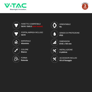 VT-1131 Portafaretto Rotondo da Soffitto per GU10 Bianco V-Tac