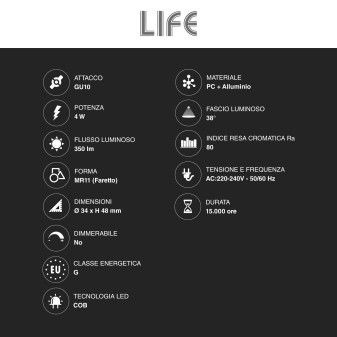 Life Faretto MR11 GU10 LED COB Lampadina 4W 38°