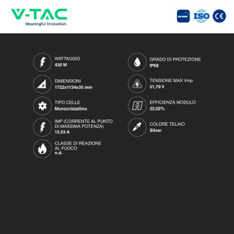 Pannelli Solari Fotovoltaici 430W TIER 1 TOPCon IP68 V-Tac