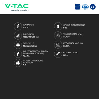 Pannelli Solari Fotovoltaici 430W TIER 1 TOPCon IP68 V-Tac