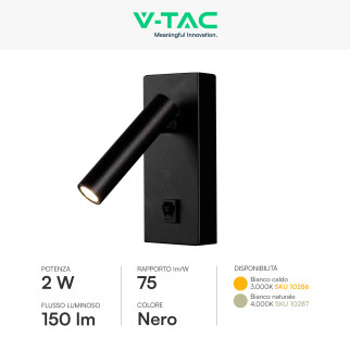 VT-402 Lampada LED Muro 2W SMD Applique da Lettura Nera IP20 V-Tac