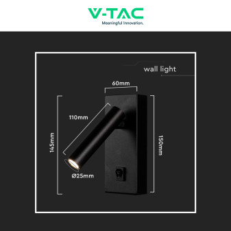 VT-402 Lampada LED Muro 2W SMD Applique da Lettura Nera IP20 V-Tac