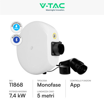Wallbox 7,4kW Monofase Smart IP65 IK10 con Cavo Tipo 2 V-Tac