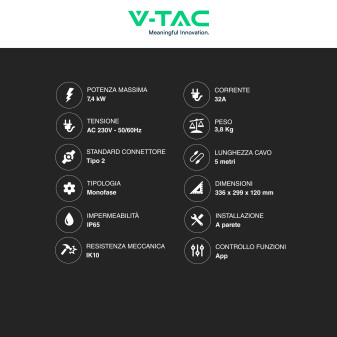 Wallbox 7,4kW Monofase Smart IP65 IK10 con Cavo Tipo 2 V-Tac