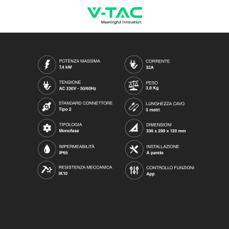 Wallbox 7,4kW Monofase Smart IP65 IK10 con Cavo Tipo 2 V-Tac
