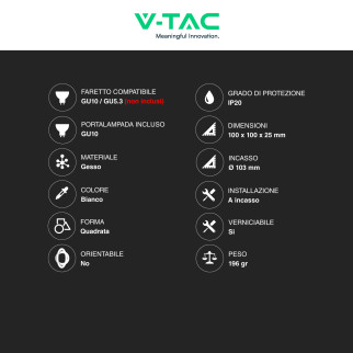 V-Tac VT 765SQ Portafaretto Quadrato da Incasso in Gesso per