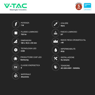 VT-407 Faretto LED da Binario7W Track Light COB Chip Samsung V-Tac