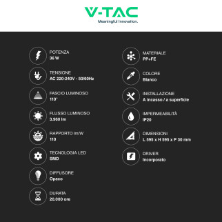 VT-6139 Pannello LED Quadrato 60x60 36W SMD con Driver V-Tac