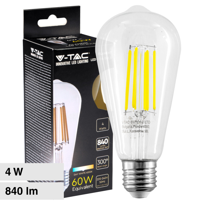 VT-2364 Lampadina LED E27 4W Bulb ST64 Filament Vetro V-Tac