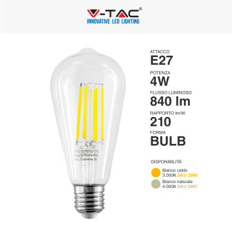 VT-2364 Lampadina LED E27 4W Bulb ST64 Filament Vetro V-Tac