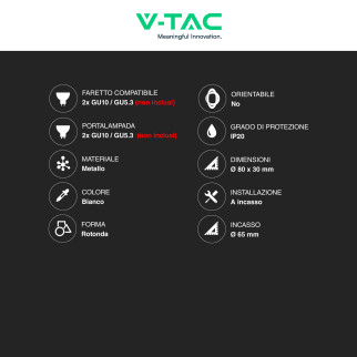 VT-778 2 Portafaretti Rotondi a Incasso per GU10 Bianchi V-Tac