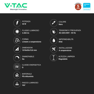 VT-7-44 Lampada LED Lineare a Sospensione 40W SMD Samsung 3in1 V-Tac