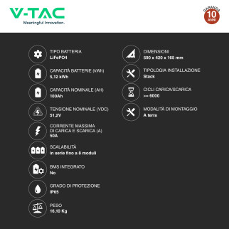 V-Tac Batteria Stack LiFePO4 5,12kWh Impianti Fotovoltaici CEI 0-21