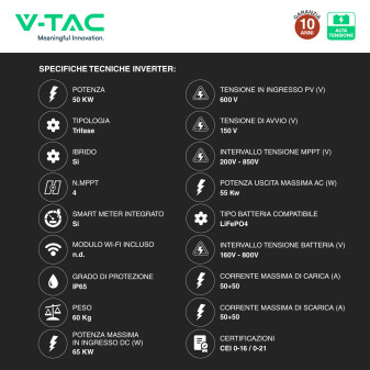 V-Tac Kit Inverter Trifase Ibrido 50kW + Accumulatore LiFePO4
