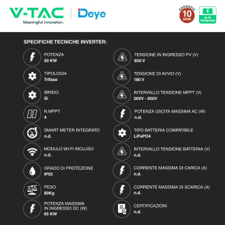 V-Tac Kit Inverter Trifase Ibrido 50kW + Accumulatore LiFePO4 61,44kWh