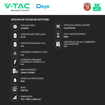 V-Tac Kit Inverter Trifase Ibrido 50kW + Accumulatore LiFePO4 61,44kWh