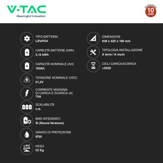VT-5139 Accumulatore 5,12kWh Impianti Fotovoltaici CEI 0-21 V-Tac