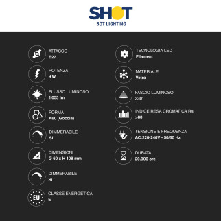 Acquista Bot Lighting Shot Lampadina LED E27 9W Bulb A60