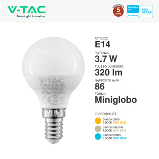 VT-1804 Lampadina LED E14 3.7W MiniGlobo P45 Samsung SMD V-Tac Pro