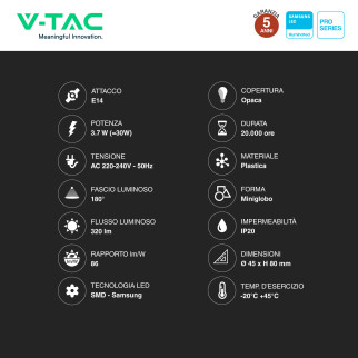 VT-1804 Lampadina LED E14 3.7W MiniGlobo P45 Samsung SMD V-Tac Pro