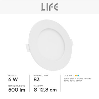 Life Mini Pannello LED Rotondo 6W Ø128mm da Incasso Bianco Opaco