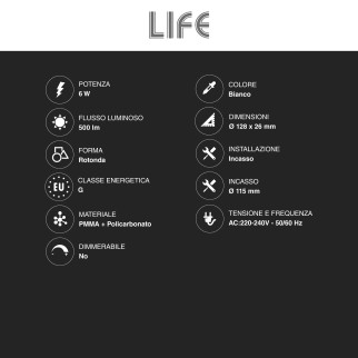 Life Mini Pannello LED Rotondo 6W Ø128mm da Incasso Bianco Opaco