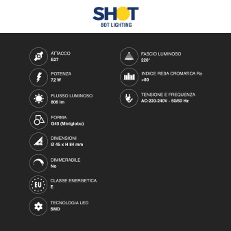 Lampadina LED E27 7,2W MiniGlobo Bot Lighting Shot G45
