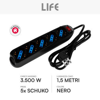 Life Multipresa con Interruttore 5 prese Schuko Spina 16A 2P + T Nera