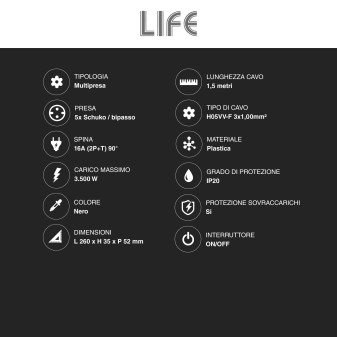 Life Multipresa con Interruttore 5 prese Schuko Spina 16A 2P + T Nera