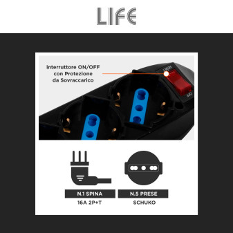 Life Multipresa con Interruttore 5 prese Schuko Spina 16A 2P + T Nera