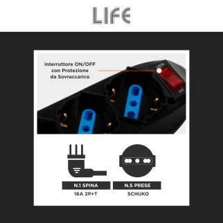 Life Multipresa con Interruttore 5 prese Schuko Spina 16A 2P + T Nera