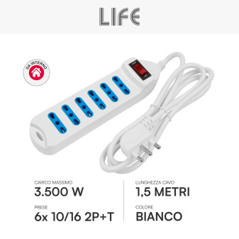Life Multipresa 6 Prese Bipasso 10/16A 2P+T e Spina 16A 2P+T 90°