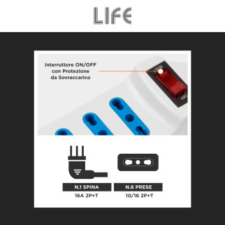 Life Multipresa 6 Prese Bipasso 10/16A 2P+T e Spina 16A 2P+T 90°