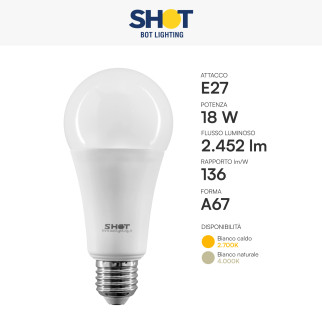 Lampadina LED E27 18W Bulb A67 Dimmerabile Bot Lighting Shot