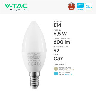 Lampadina LED E14 6,5W Candela C37 SMD Chip Samsung V-Tac Pro