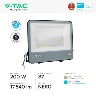 VT-44204 Faro LED 200W SMD Chip Samsung IP65 Colore Nero V-Tac