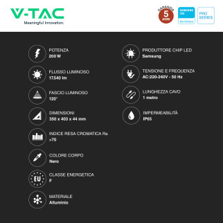 VT-44204 Faro LED 200W SMD Chip Samsung IP65 Colore Nero V-Tac