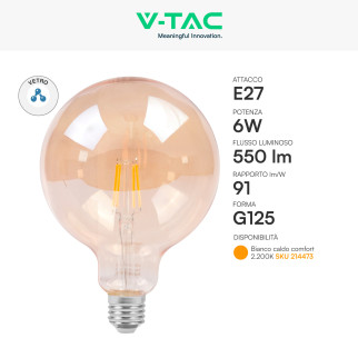 VT-1956 Lampadina LED E27 6W Globo G125 Filament Vetro V-Tac