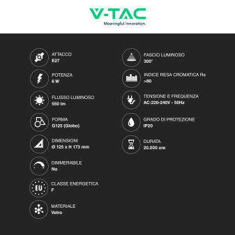 VT-1956 Lampadina LED E27 6W Globo G125 Filament Vetro V-Tac