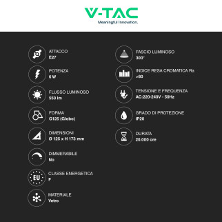 VT-1956 Lampadina LED E27 6W Globo G125 Filament Vetro V-Tac