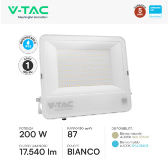 VT-44204 Faro LED 200W SMD Chip Samsung IP65 Colore Bianco V-Tac Pro