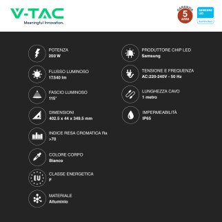 VT-44204 Faro LED 200W SMD Chip Samsung IP65 Colore Bianco V-Tac Pro