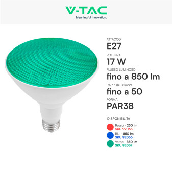 VT-1227 Lampada LED E27 17W PAR38 SMD Rossa Blu Verde